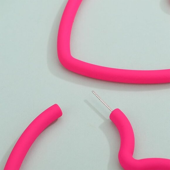 Neon pink lightweight sterling silver hoop earrings with heart pendant, retro st - Picture 6 of 6